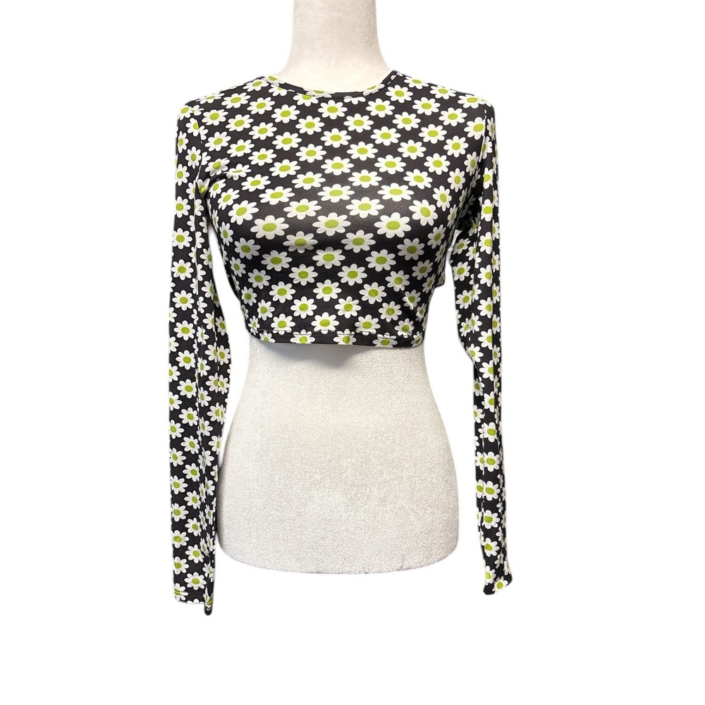 Glamorous 60's Y2K Flower Jersey Crop Top Black White Green Daisy Size 6 NWT